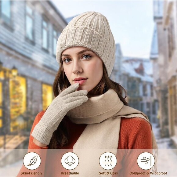 Winter Hat Beanie Scarf Gloves Set Fleece Lined Unisex Cold Weather